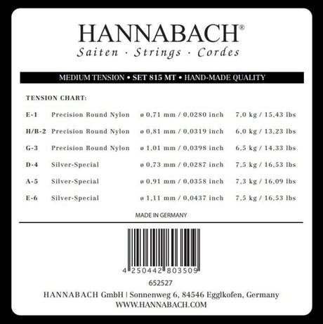 Hannabach 815 E6 -bassokieli klassiseen kitarat, normaali jännitys