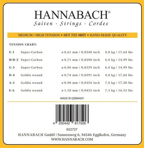 Hannabach Strings for classic guitar Series 725 Medium/High Tension Goldin - Set of 3 bass (7257MHT)