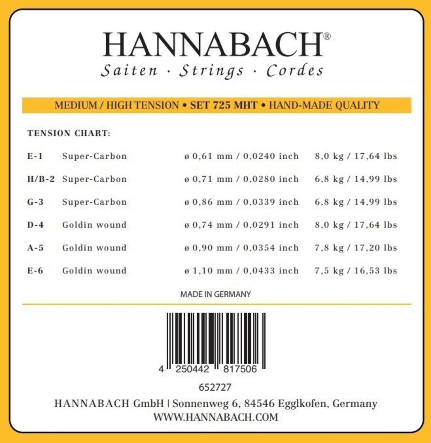 Hannabach Strings for classic guitar Series 725 Medium/High Tension Goldin - Set of 3 bass (7257MHT)