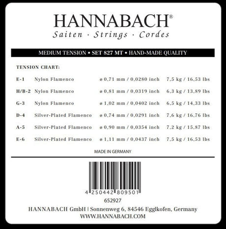 Hannabach 827 -diskanttisetti E1, H/B2 ja G3, medium tension