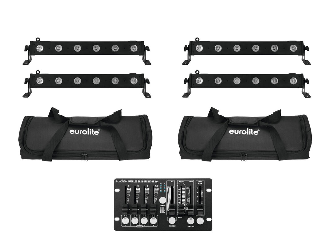 EUROLITE Sarja 4x LED BAR-6 QCL RGBW + 2x Soft Bag + Controller