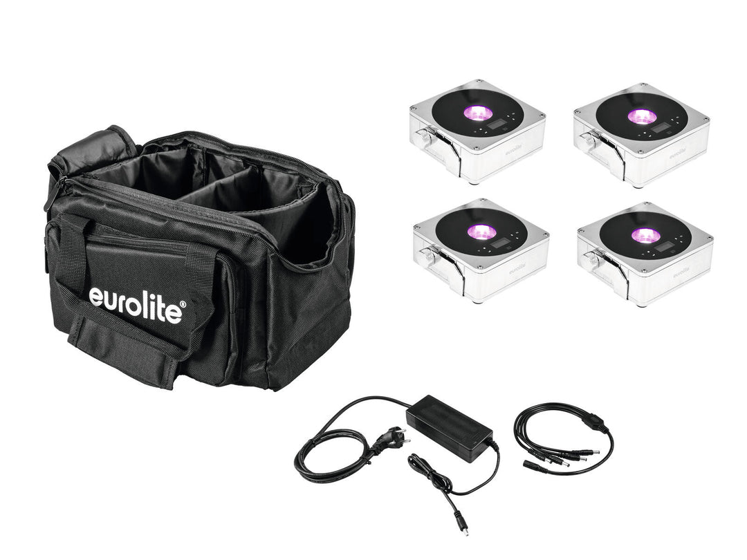 EUROLITE Setti 4x AKKU IP Flat Light 1 chrome + Soft Bag + laturi