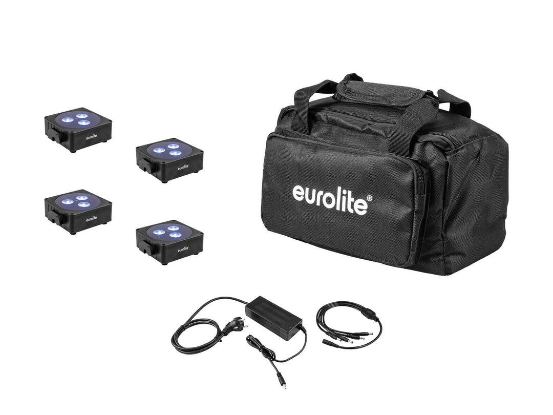 EUROLITE 4x AKKU Flat Light 3 -setti bk + laturi + pehmeä laukku