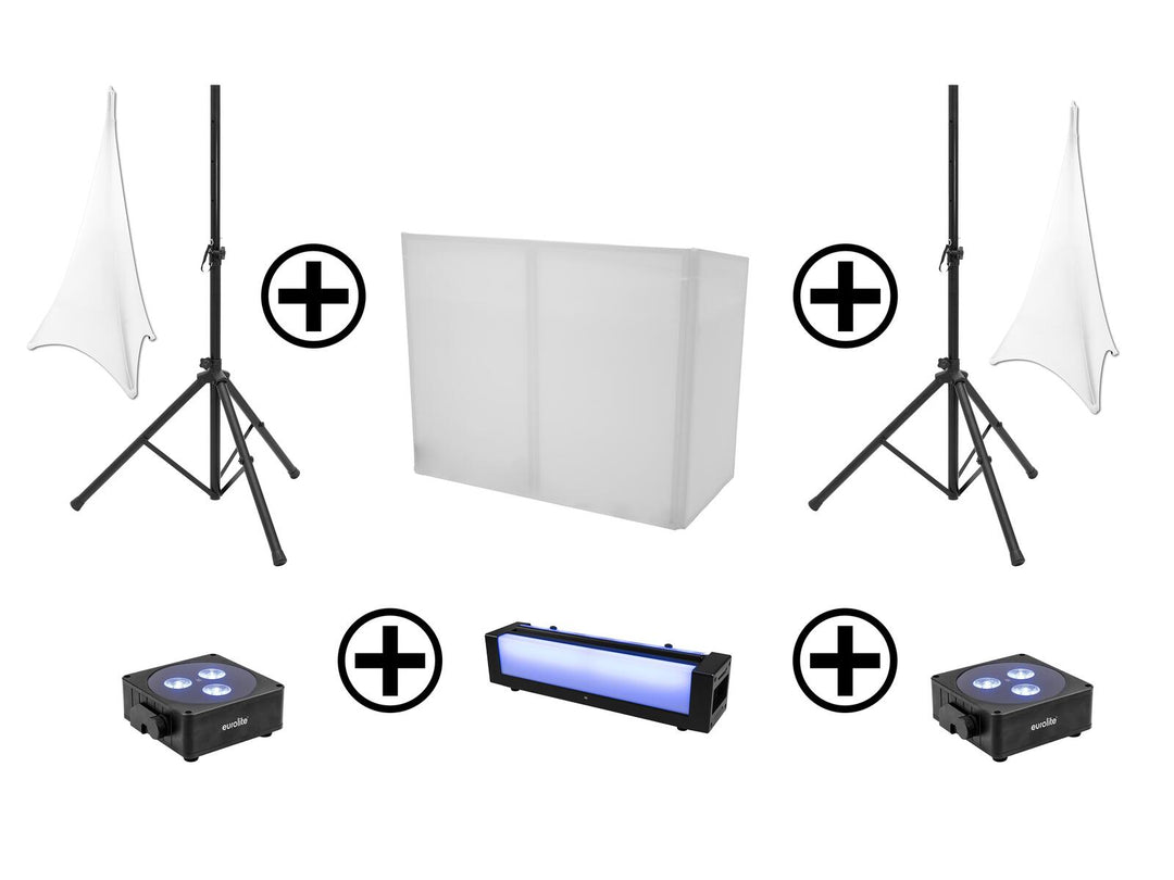 EUROLITE Setti AKKU 2x Flat light 3 bk + Bar-6 + jalustat