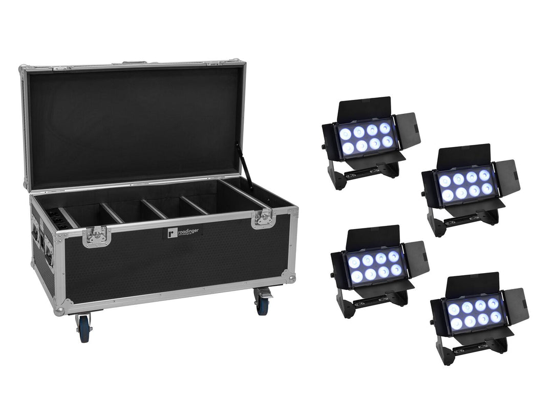 EUROLITE Set 4x AKKU Multiflood IP 8x10W RGBW Wash CRMX + Case lataustoiminnolla