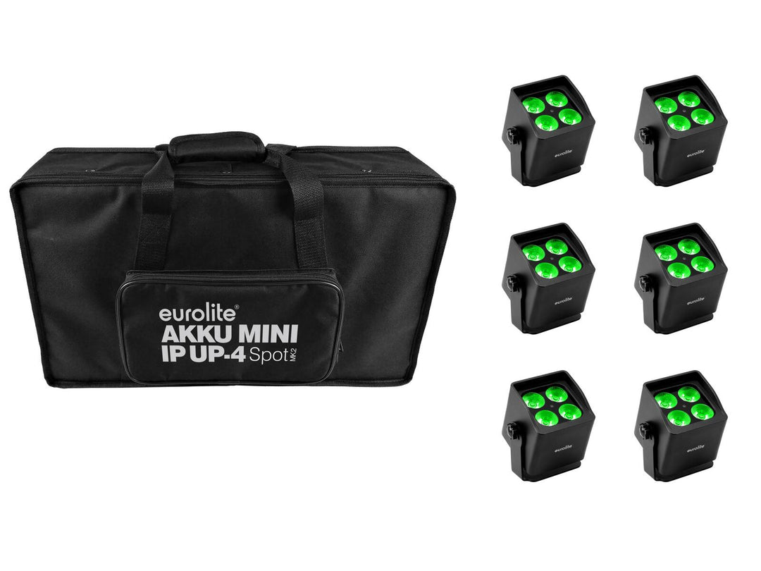 EUROLITE-setti 6x AKKU Mini IP UP-4 QCL Spot MK2 + pehmeä laukku