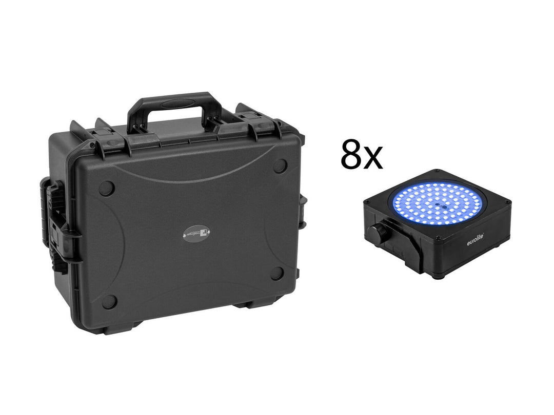 EUROLITE set 8x AKKU IP Flat Light SMD bk + Plastic case pyörillä