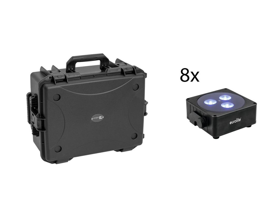 EUROLITE Setti 8x AKKU Flat Light 3 bk + muovinen case trolleylla