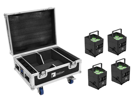 EUROLITE Sarja 4x AKKU IP UP-4 QCL Spot QuickDMX MK2 + Flightcase pyörillä ja lataustoiminnolla
