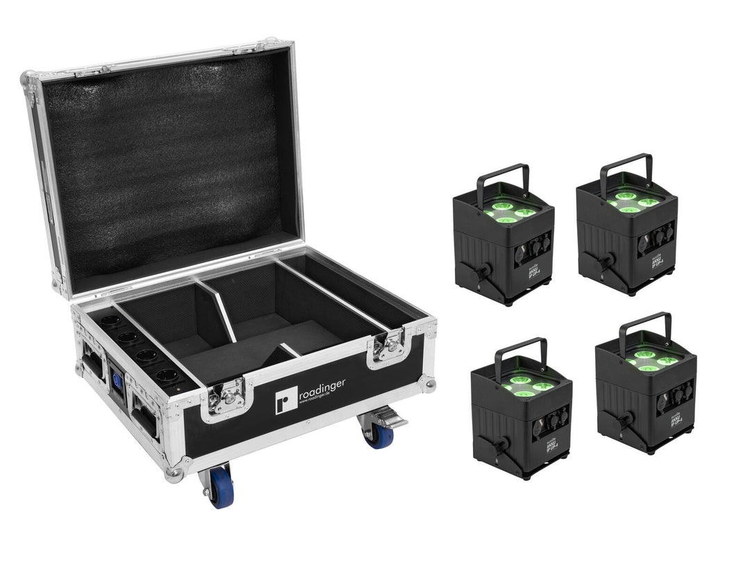 EUROLITE Sarja 4x AKKU IP UP-4 QCL Spot QuickDMX MK2 + Flightcase pyörillä ja lataustoiminnolla