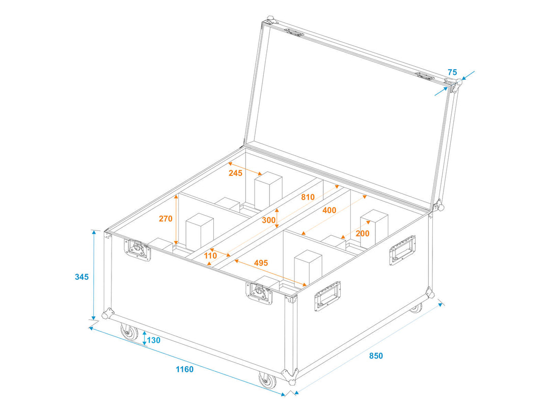ROADINGER Flightcase 4x THA-250F pyörillä