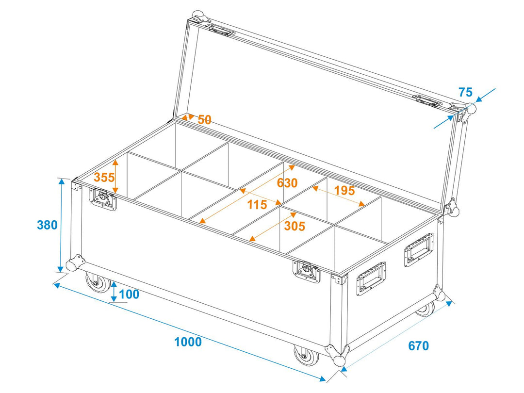ROADINGER Flightcase 8x LED IP PAR 12x8W QCL/12x9 SQL Spot pyörillä