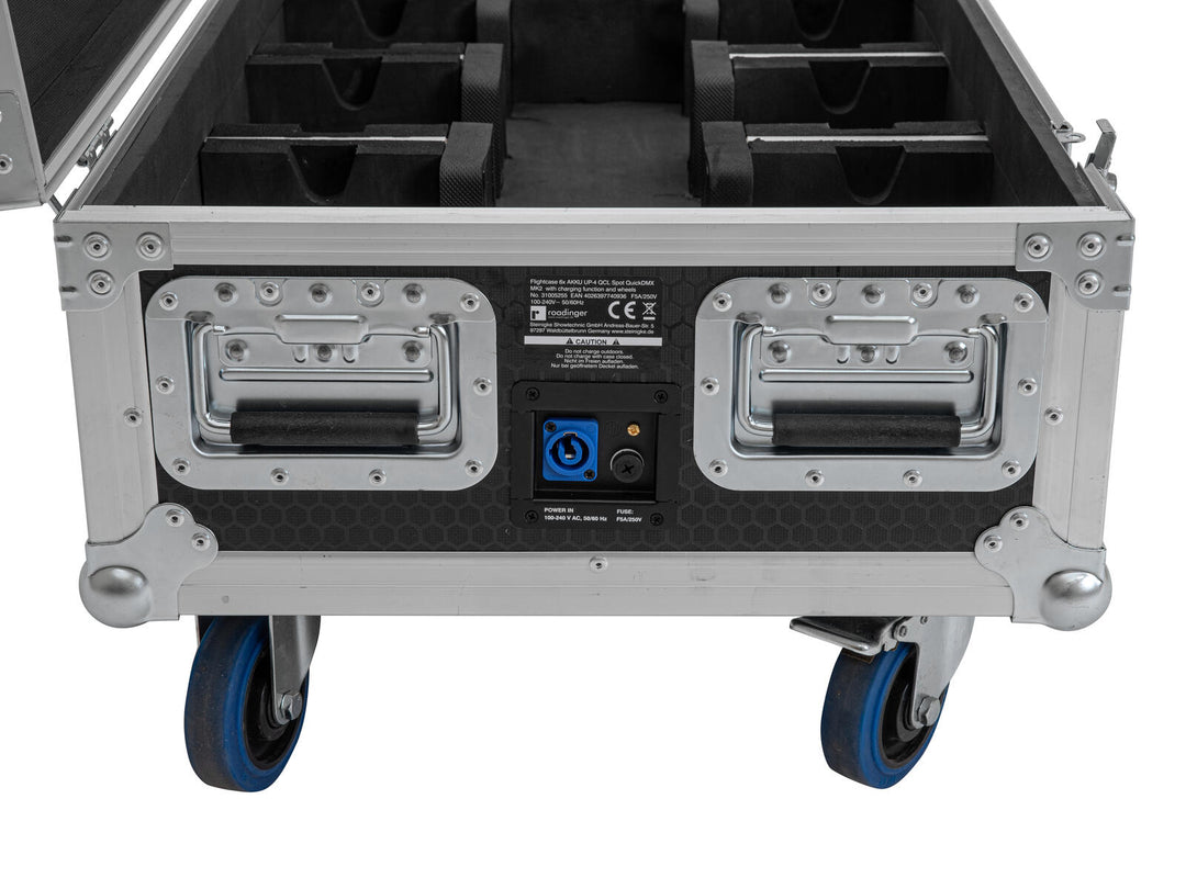 ROADINGER Flightcase 6x AKKU UP-4 QCL Spot QuickDMX MK2 lataustoiminnolla ja pyörillä