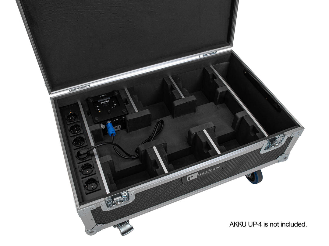 ROADINGER Flightcase 6x AKKU UP-4 QCL Spot QuickDMX MK2 lataustoiminnolla ja pyörillä
