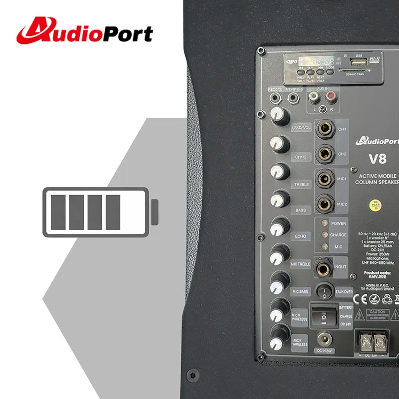 Audioport V8 kannettava aktiivikaiutin 250 W, 2 mikrofonia