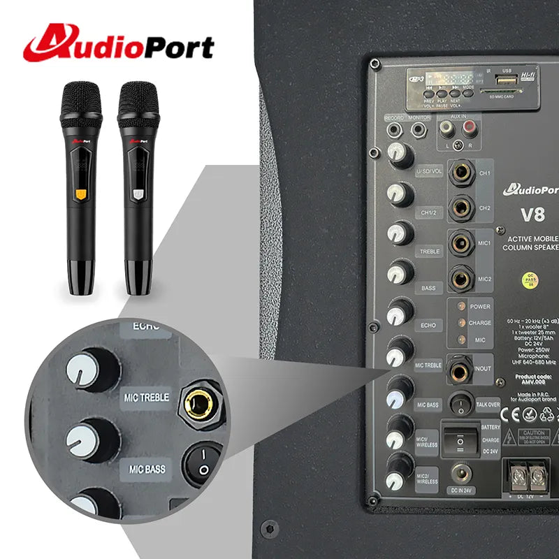 Audioport V8 kannettava aktiivikaiutin 250 W, 2 mikrofonia