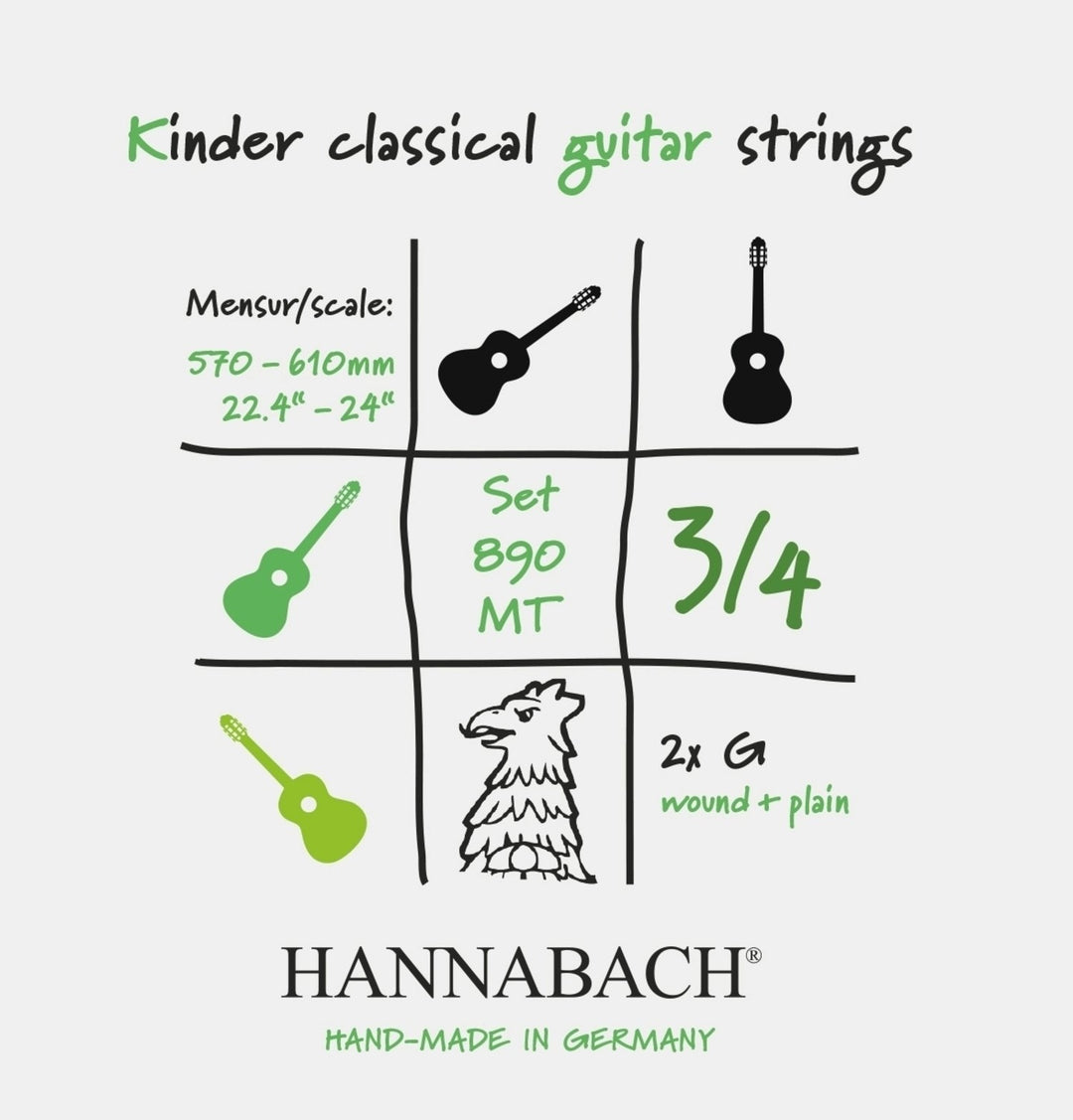 Hannabach Strenge til klassisk guitar Serie 890 3/4 guitar for children Duel: 57-61cm - Sæt af 2 G-Strings (890MT 3/4)