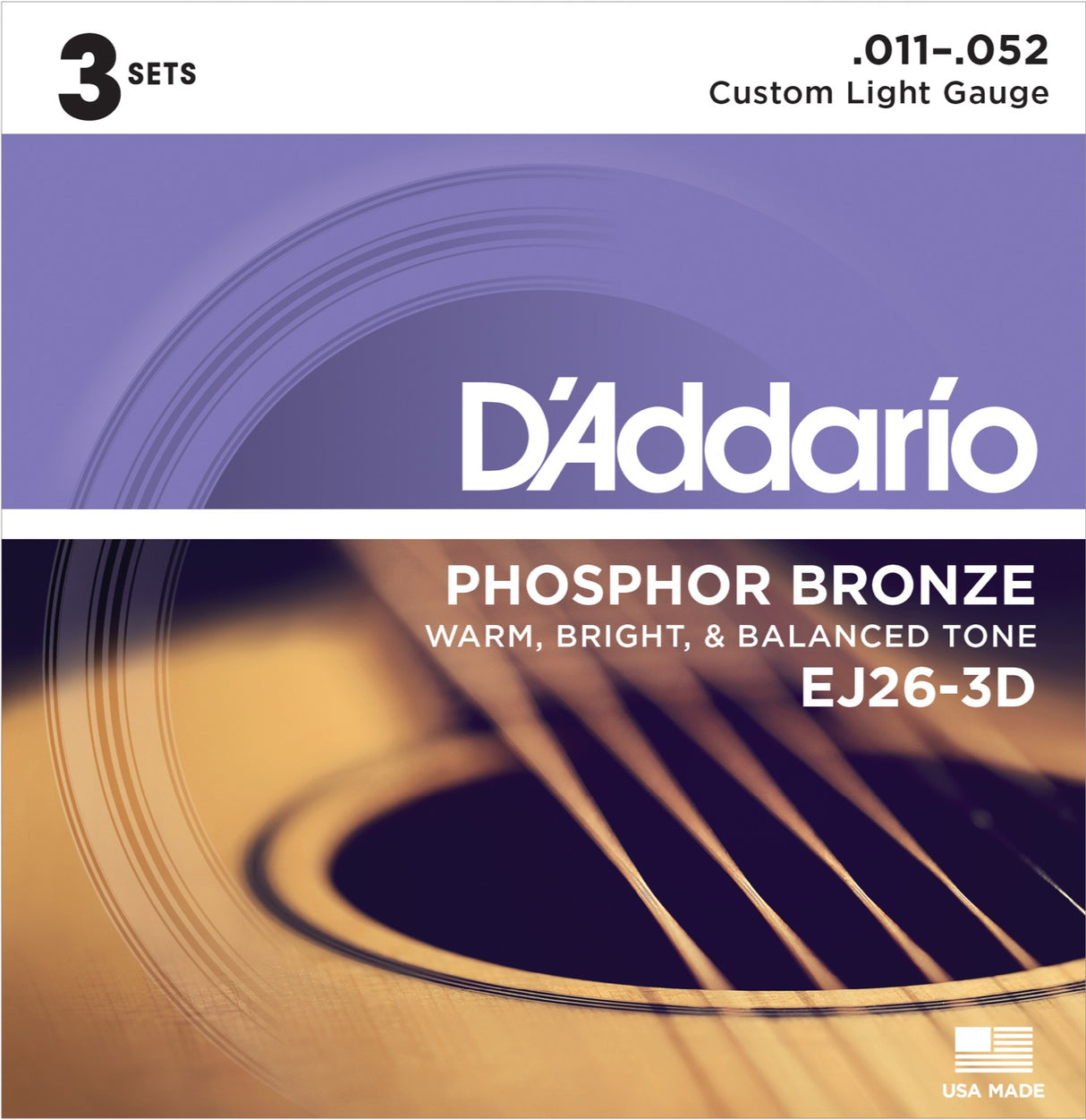 Daddario EJ26-3D Fosforipronssiset kitarajouset 3-pak (Custom Light, 11-52)