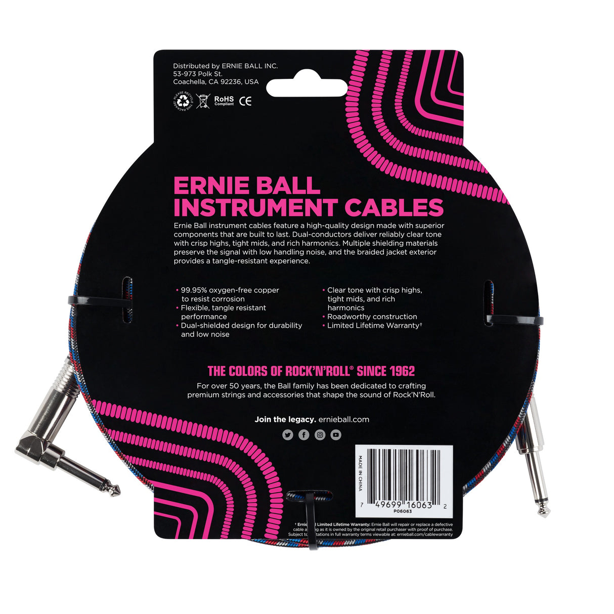 Ernie Ball 6063 kitarakaapeli (musta, punainen, valkoinen, 7.5m)