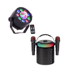 PartyZone karaoke-setti, sis. 2 mikrofonia (musta) & LED PAR-ASTRO 2-in-1 diskovalo