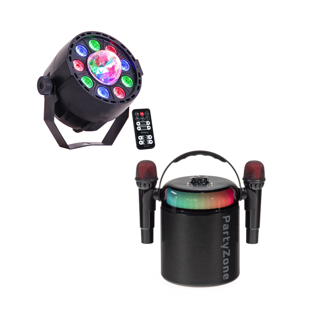 PartyZone karaoke-setti, sis. 2 mikrofonia (musta) & LED PAR-ASTRO 2-in-1 diskovalo