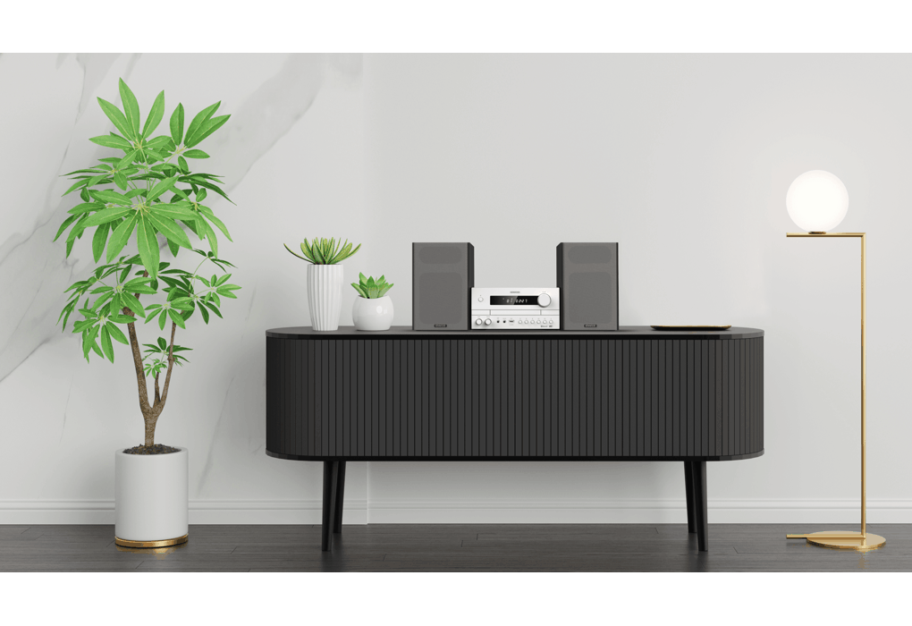 Kenwood M-822DAB Mini System, jossa on Bluetooth ja DAB+ (valkoinen).