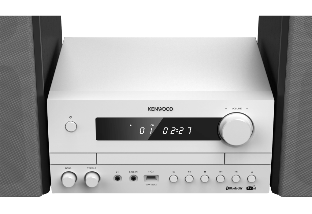 Kenwood M-822DAB Mini System, jossa on Bluetooth ja DAB+ (valkoinen).