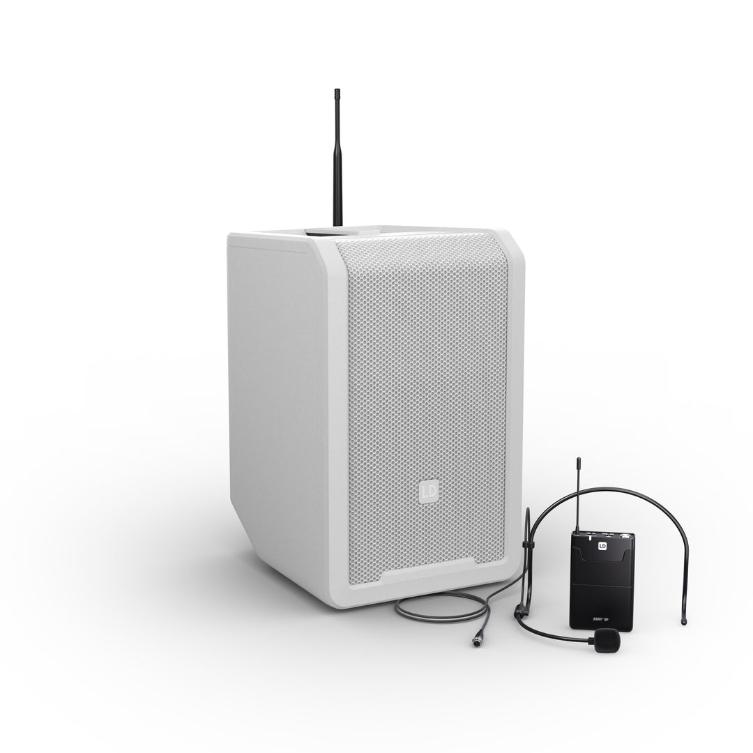 LD Systems ANNY® 8 BPH B6 W - Kannettava paristoilla toimiva Bluetooth® PA-kaiutin, jossa mikseri ja 1x headset-mikrofoni (sis. bodypack), Pure White