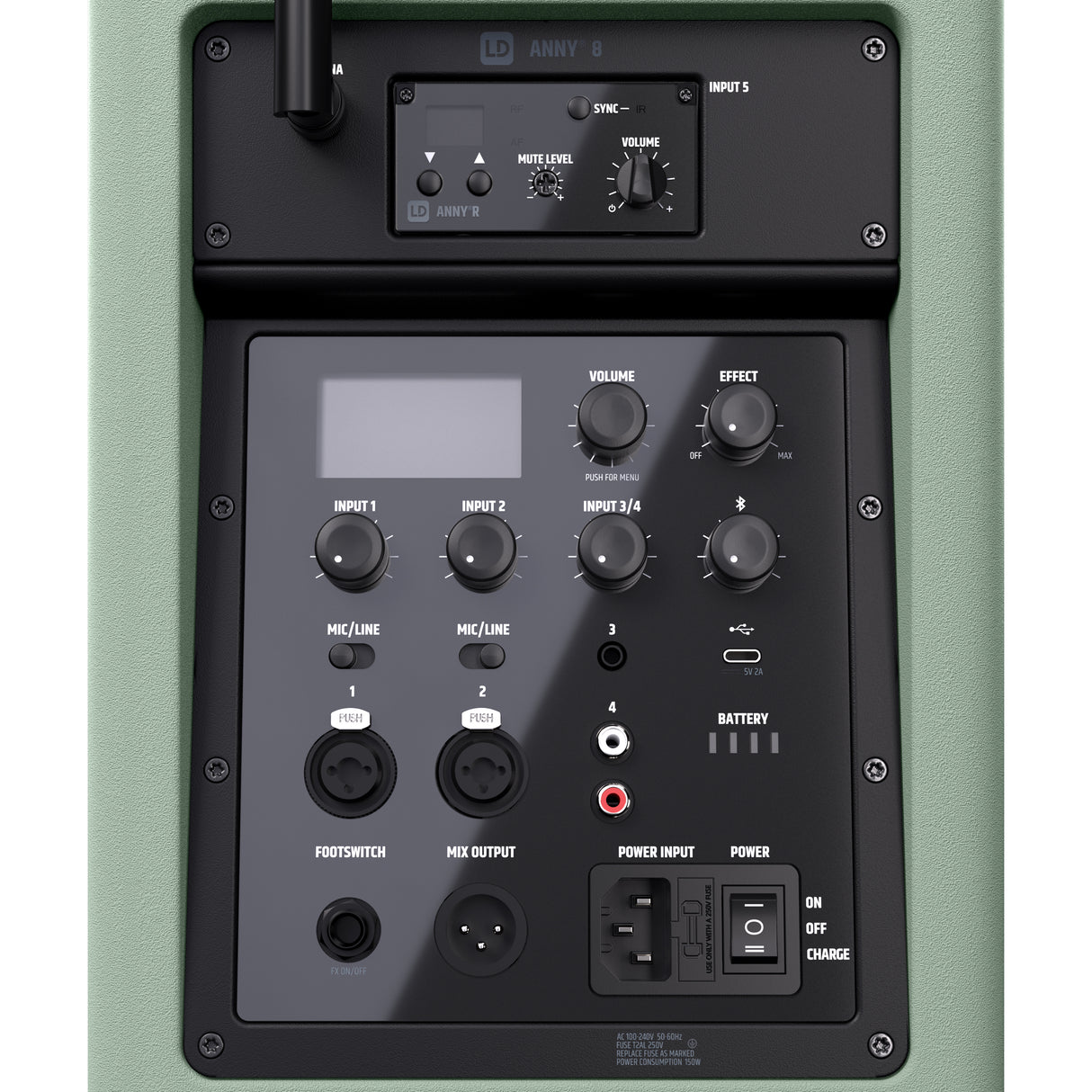 LD Systems ANNY® 8 HHD B5 GN - Bærbar batteridrevet Bluetooth® PA-højttaler med mixer og 1x trådløs håndholdt mikrofon, Adventure Green