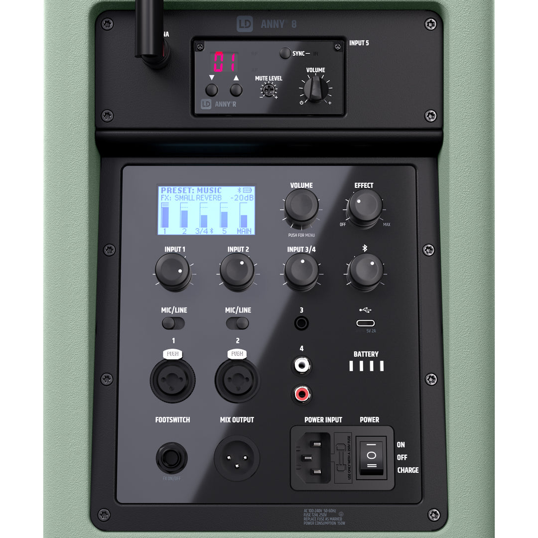 LD Systems ANNY® 8 HHD B5 GN - Kannettava paristokäyttöinen Bluetooth® PA-kaiutin mikserillä ja 1x langaton käsimikrofoni, Adventure Green