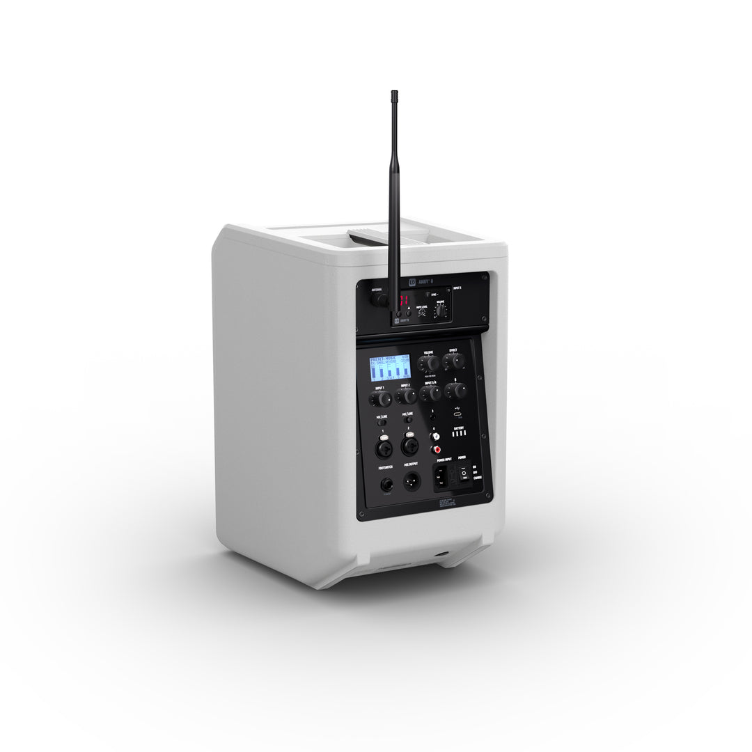 LD Systems ANNY® 8 HHD B8 W - Kannettava akkukäyttöinen Bluetooth® PA-kaiutin mikserillä ja 1x langattomalla käsimikrofonilla, puhtaan valkoinen