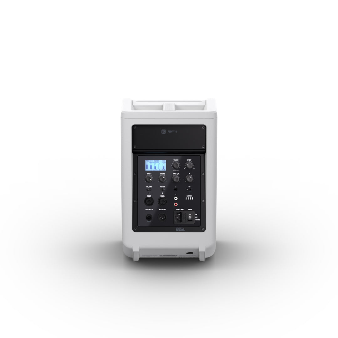 LD Systems ANNY® 8 W - Kannettava paristokäyttöinen Bluetooth® PA-kaiutin mikserillä, puhdas valkoinen