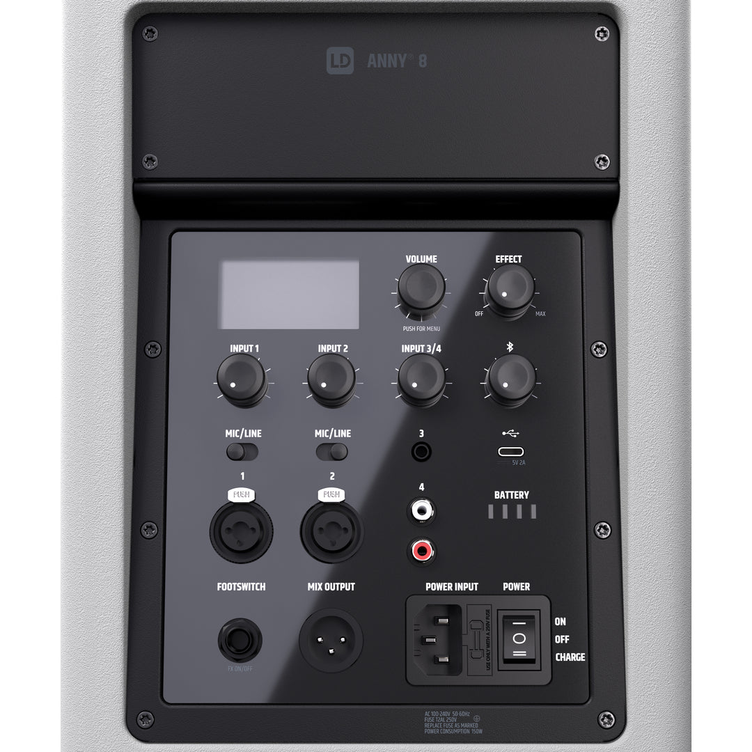LD Systems ANNY® 8 W - Kannettava paristokäyttöinen Bluetooth® PA-kaiutin mikserillä, puhdas valkoinen