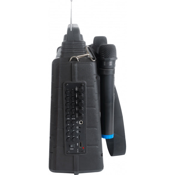 Kannettava karaokejärjestelmä, jossa on näyttö ja 2 mikrofonia