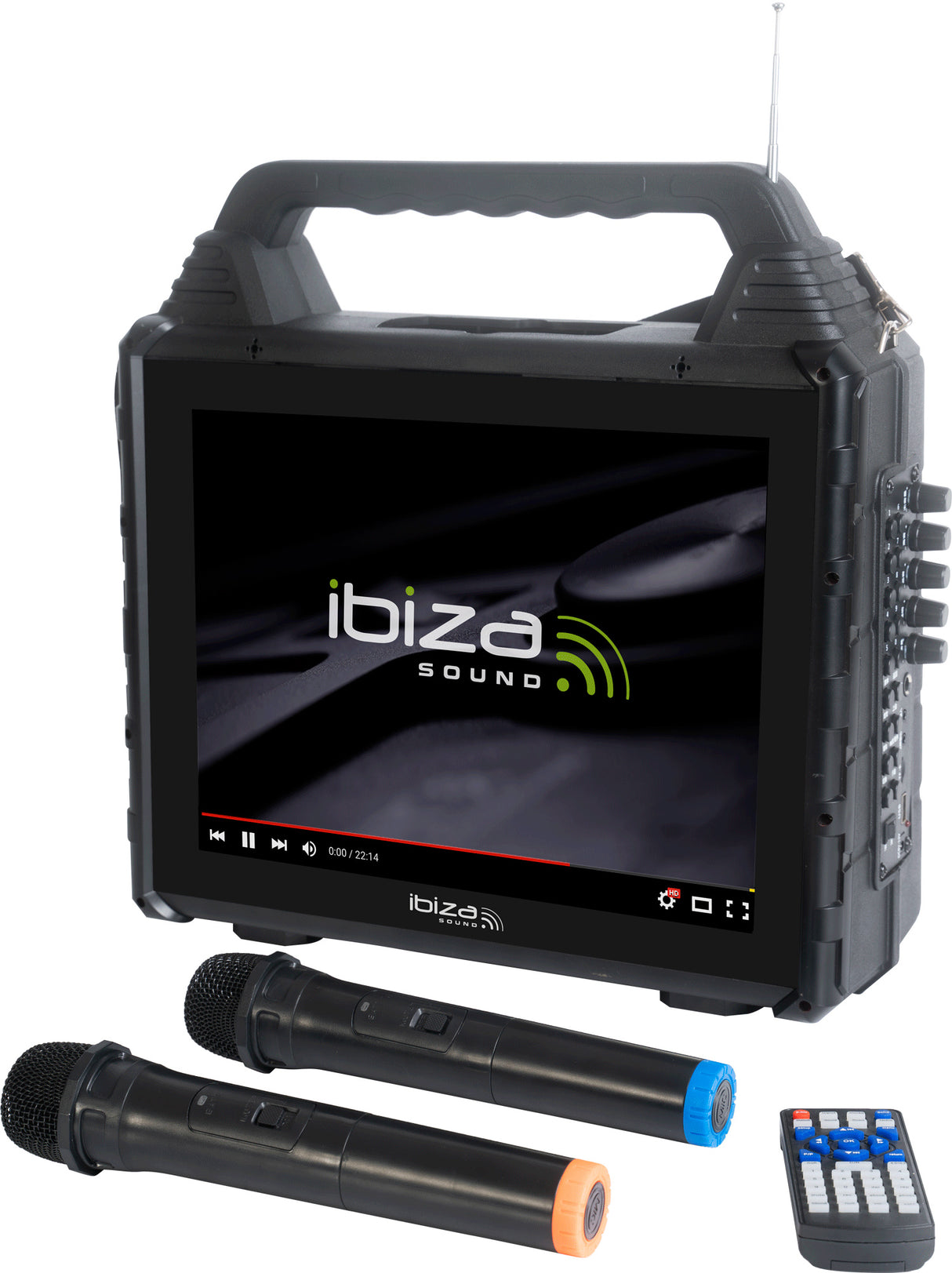 Kannettava karaokejärjestelmä, jossa on näyttö ja 2 mikrofonia