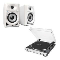 Audio-Technica AT-LP60XBT-WH + Pioneer DM-40BT-W Bluetooth kaiuttimet.