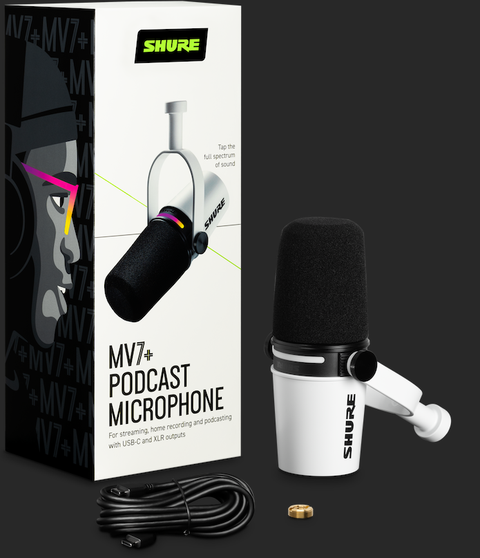 Shure MV7+ Podcast-mikrofoni (valkoinen)