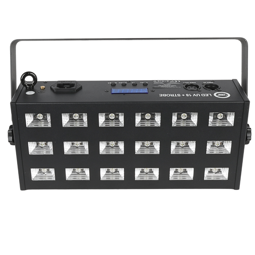 LIGHT4ME LED UV 18x3W kohdevalo + strobe DMX