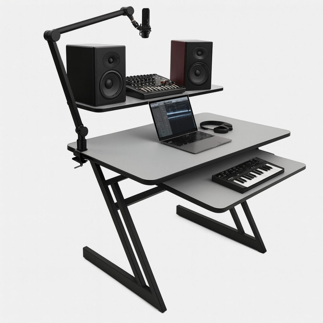 Opiskelu pöytä hyllyillä ja ulosvedettävällä alustalla keyboard (120 cm)
