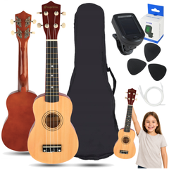 Ukulelesetti kotelolla, virittimellä ja tarvikkeilla, luonnonpuu