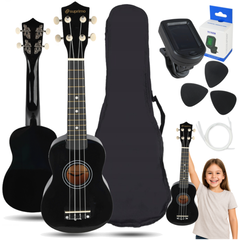 Ukulele-setti Kotelolla, viritin ja lisätarvikkeet, musta