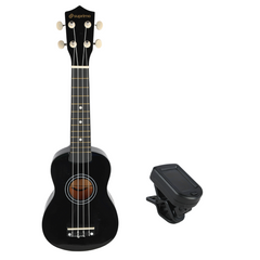 Ukulele-setti Kotelolla, viritin ja lisätarvikkeet, musta