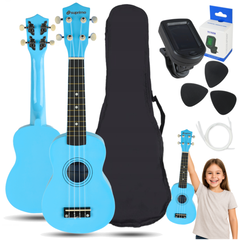 Ukulele-setti kotelolla, virittimellä ja tarvikkeilla, Sininen