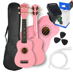 Ukulelesetti laukulla, virittimellä ja tarvikkeilla, Pinkki