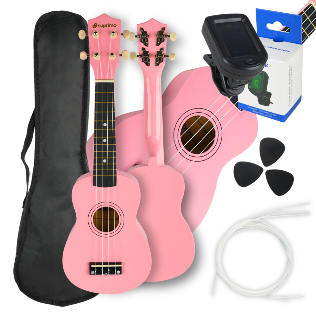 Ukulelesetti laukulla, virittimellä ja tarvikkeilla, Pinkki