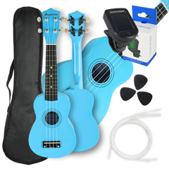 Ukulele-setti kotelolla, virittimellä ja tarvikkeilla, Sininen