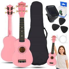 Ukulelesetti laukulla, virittimellä ja tarvikkeilla, Pinkki