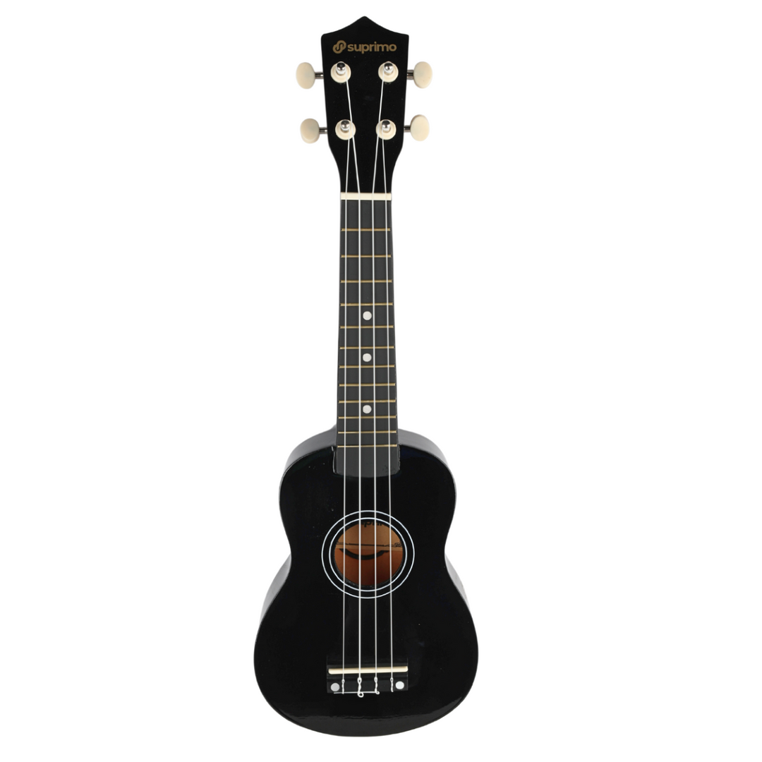 Ukulele-setti Kotelolla, viritin ja lisätarvikkeet, musta